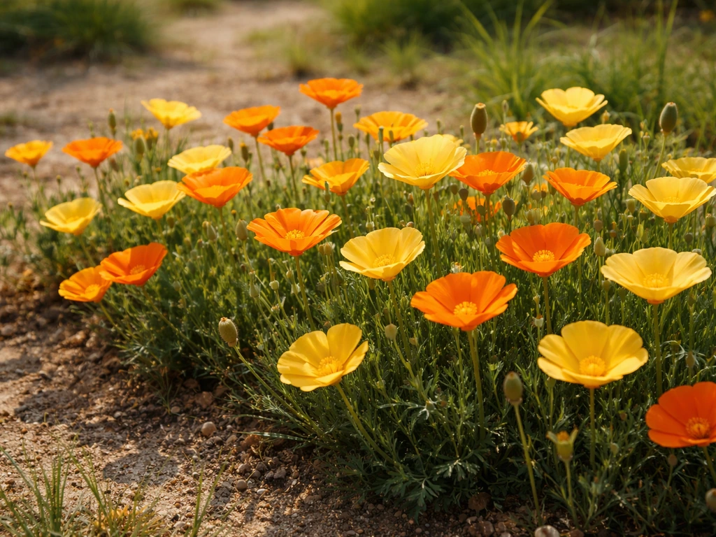 Orange and yellow California poppies blooming in a sunny Texas garden bed with early spring growth.