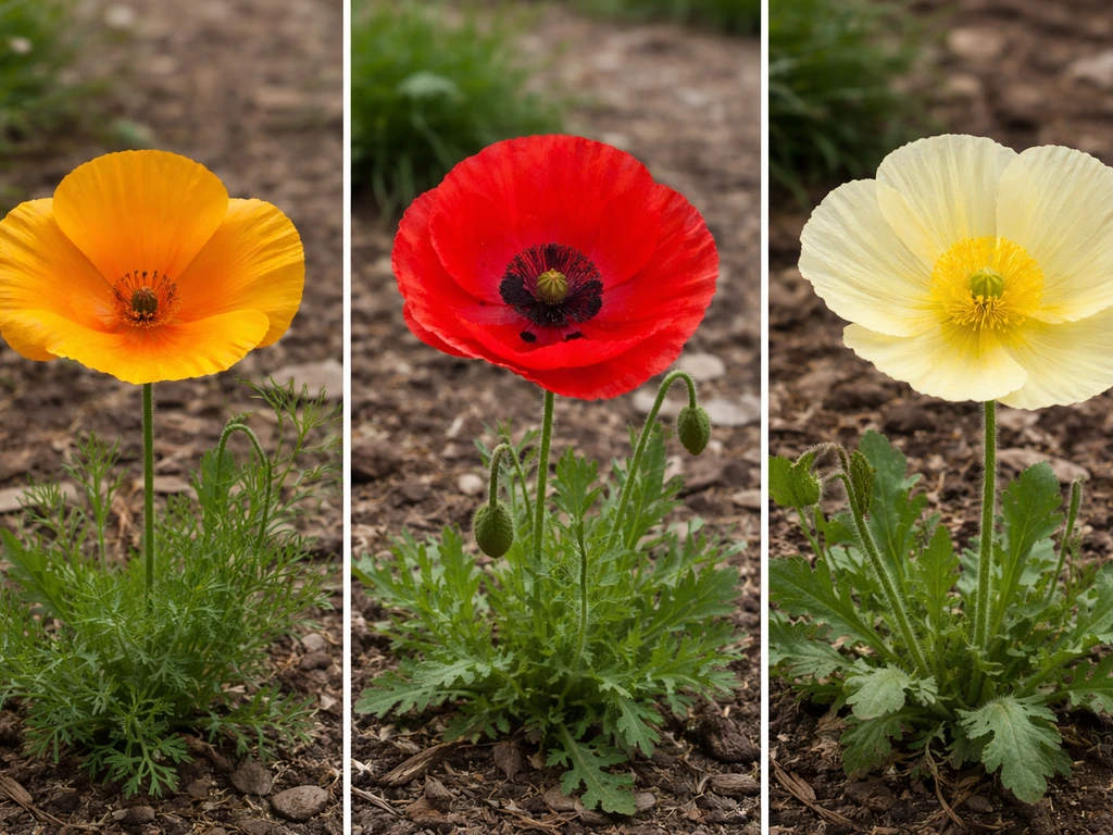 Three poppy flowers side-by-side—orange California, red Shirley/corn, and pale Iceland poppy in a garden.