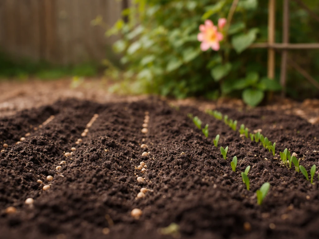 Garden bed with seeds planted and a spring flower blooming in the background.