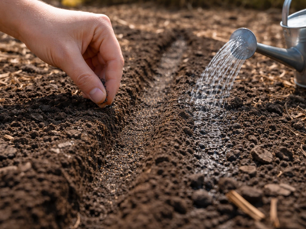 Gardener’s hand sowing tiny poppy seeds in a simple Texas garden row with gentle watering can mist.