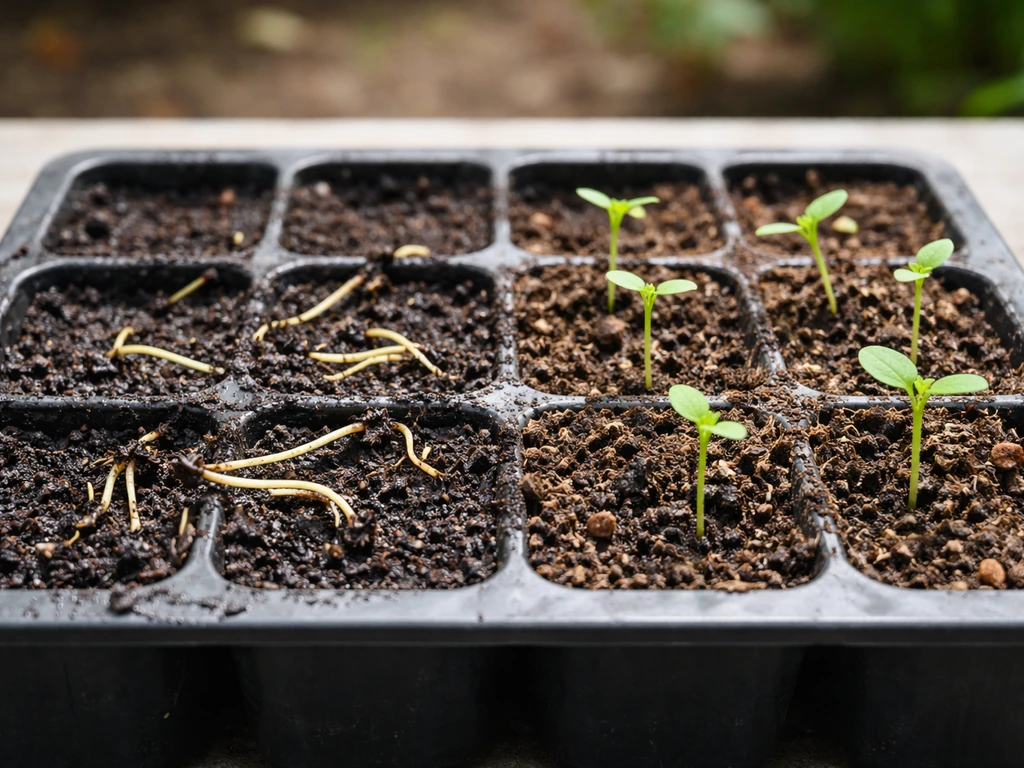 Seedlings at the soil line collapsing in soggy soil, contrasted with a few healthy green seedlings nearby.