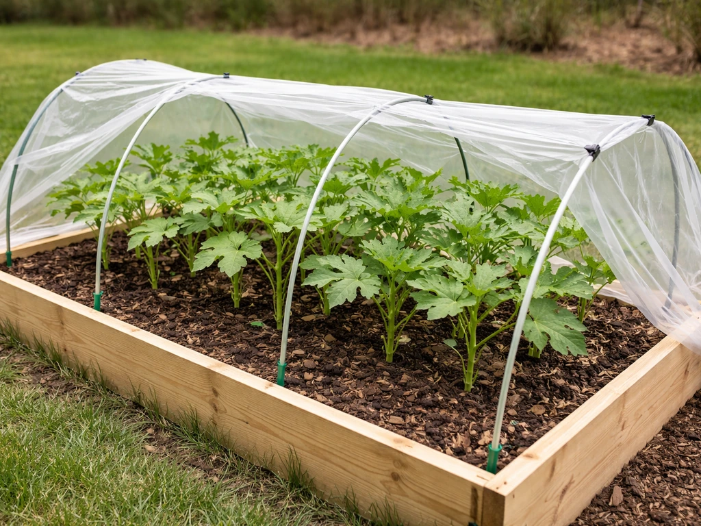 Okra plants growing in a raised bed with a protective cover in a Michigan backyard garden.