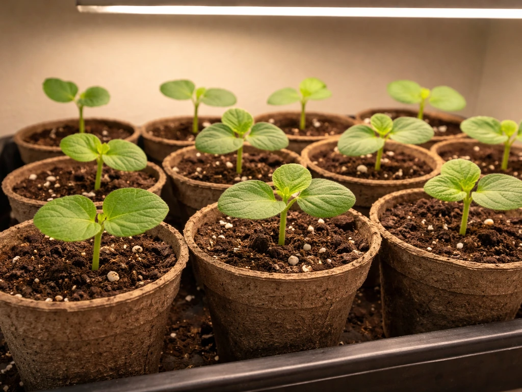Okra seedlings in biodegradable pots under a grow light, showing indoor seed starting setup.