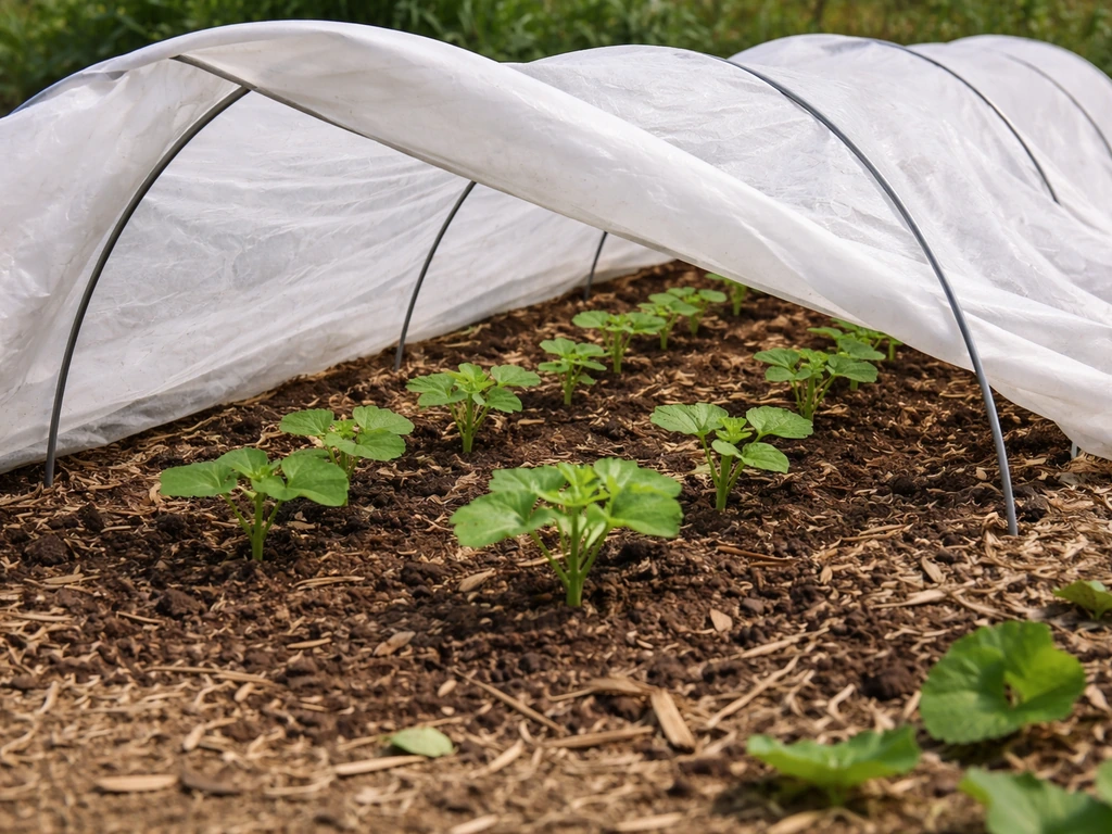 Low hoop row cover over young okra seedlings, with fabric slightly lifted for daytime venting