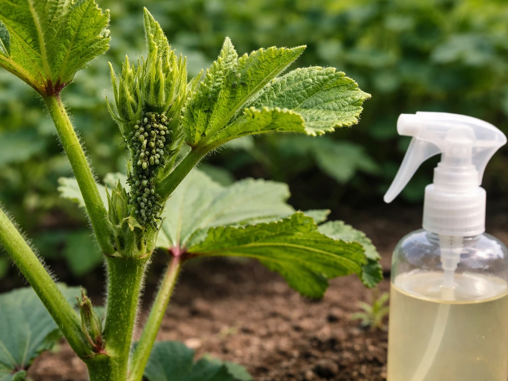 Close-up of okra new growth with aphids and an insecticidal soap spray bottle nearby