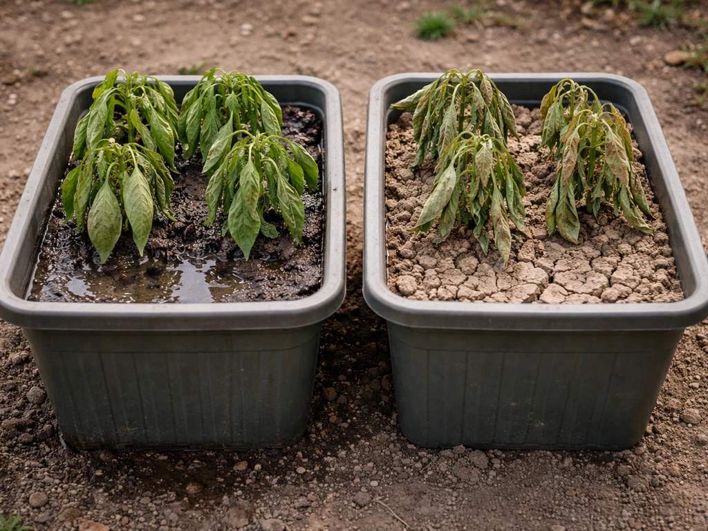 Two side-by-side containers: one waterlogged with drooping leaves and muddy soil, one dry with wilted stressed plants.