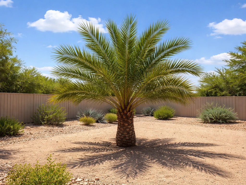 Healthy date palm in a bright Texas backyard with hot sun and dry landscape, suggesting thriving growth.