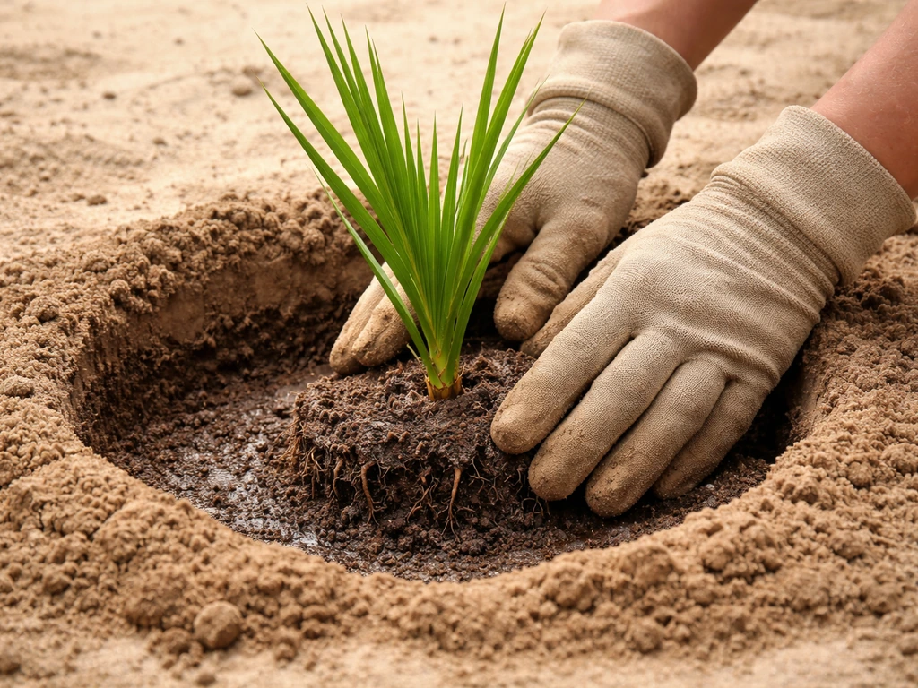 Gloved hands planting a young date palm offshoot in a hole with a shallow watering-in setup