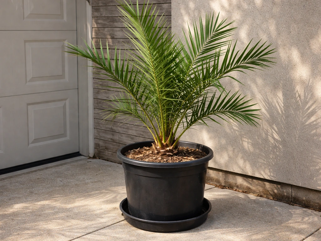 Date palm in a large pot with a saucer on a patio, ready to move under cover for winter.
