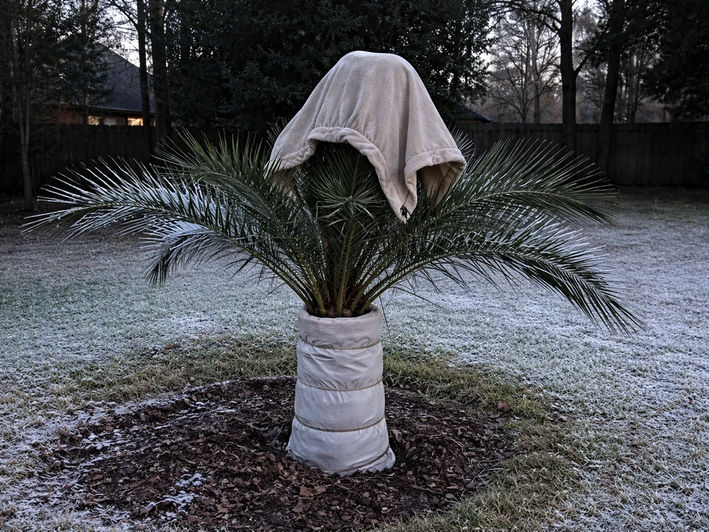 Young Texas date palm wrapped with insulation and blankets over the crown during a freeze at night.