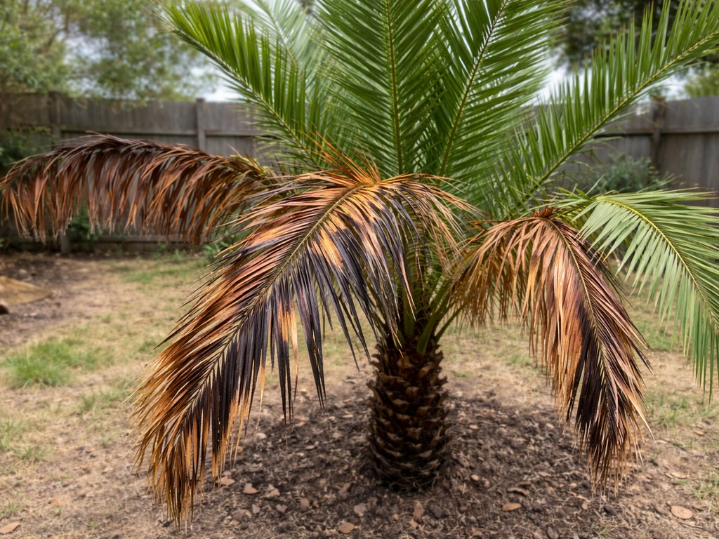Date palm fronds showing brown-black blight in a quiet backyard garden setting with focused triage context.