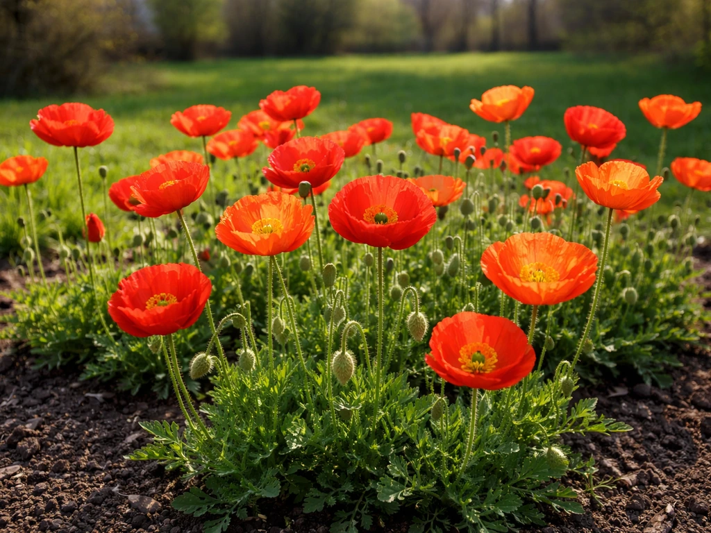Bright spring stand of blooming cornfield poppies in a sunny Michigan garden bed