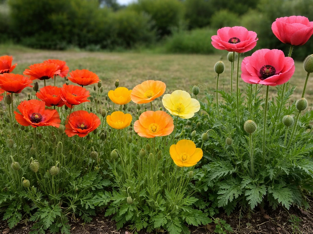 Close-up of colorful poppy varieties in a simple garden bed suited for Michigan