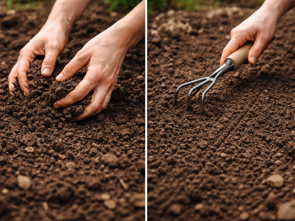 Hands loosening and raking soil in a Michigan garden bed for sowing poppy seeds