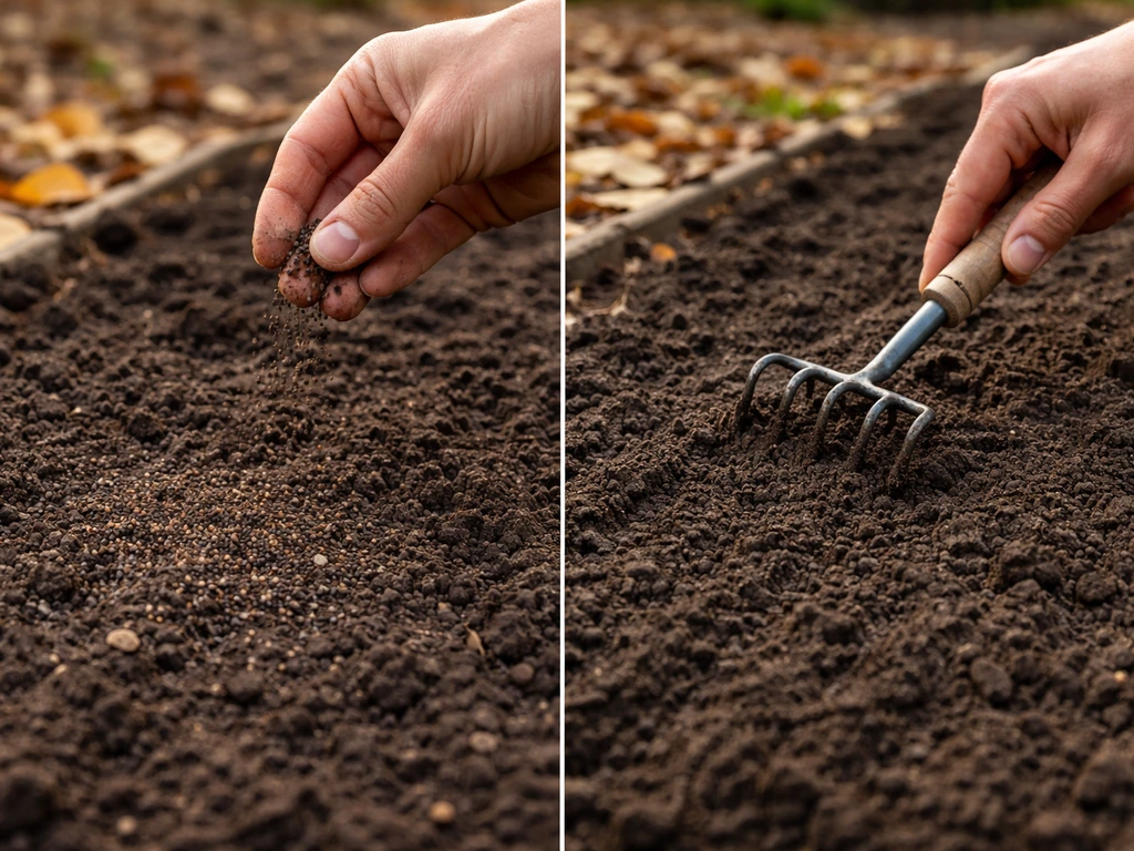 Garden soil bed with small poppy seeds being lightly covered in preparation for winter sowing.