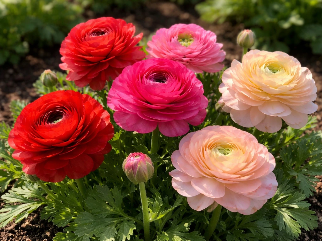 Close-up of vivid ranunculus blooms in a Texas garden bed with healthy green leaves and soft sunlight.