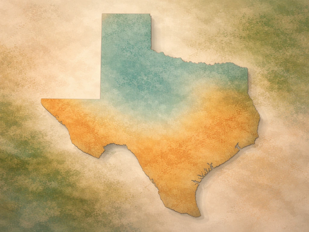 Texas landscape at dusk with subtle highlighted regions suggesting cooler zones for ranunculus.