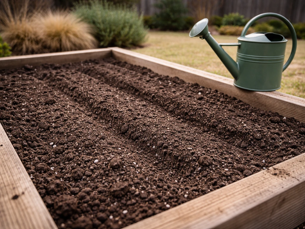 Raised garden bed with amended soil and shallow planting furrows, highlighting drainage to prevent winter rot.