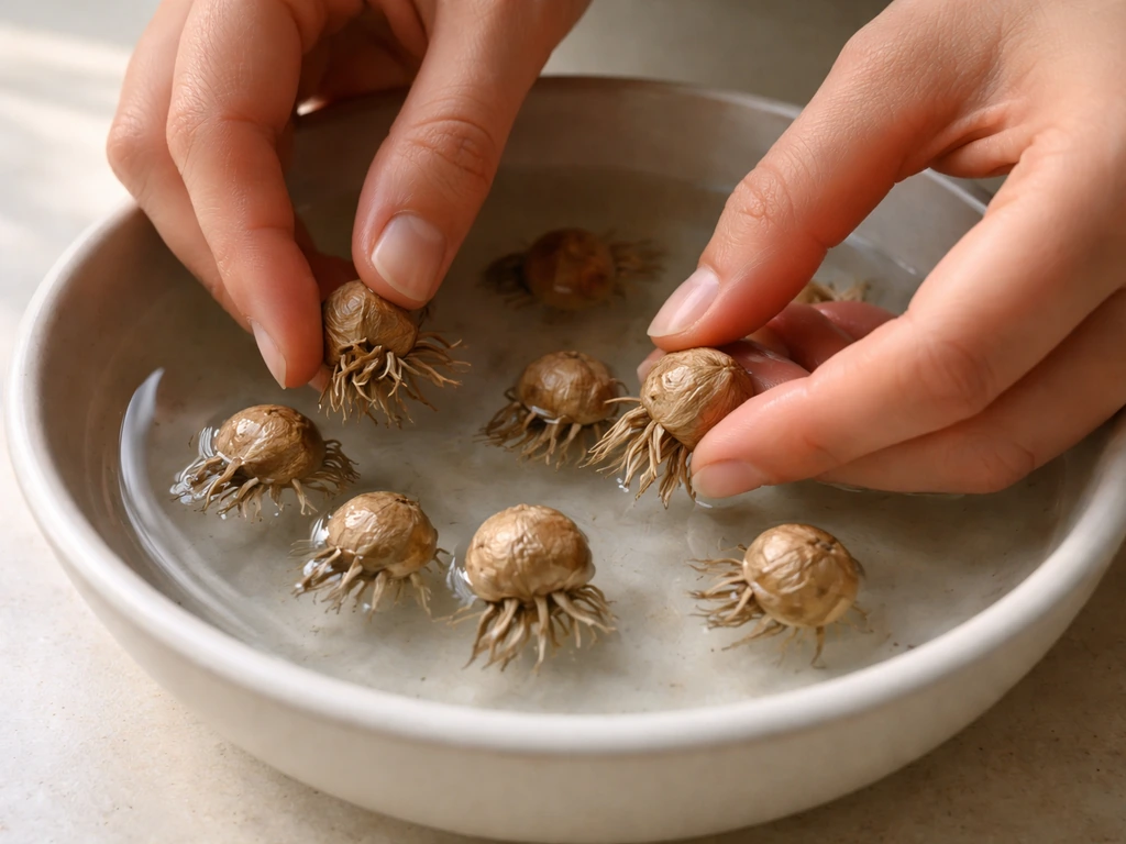 Hands soaking dry ranunculus corms in a shallow bowl of cool water, showing the claw-like tips.
