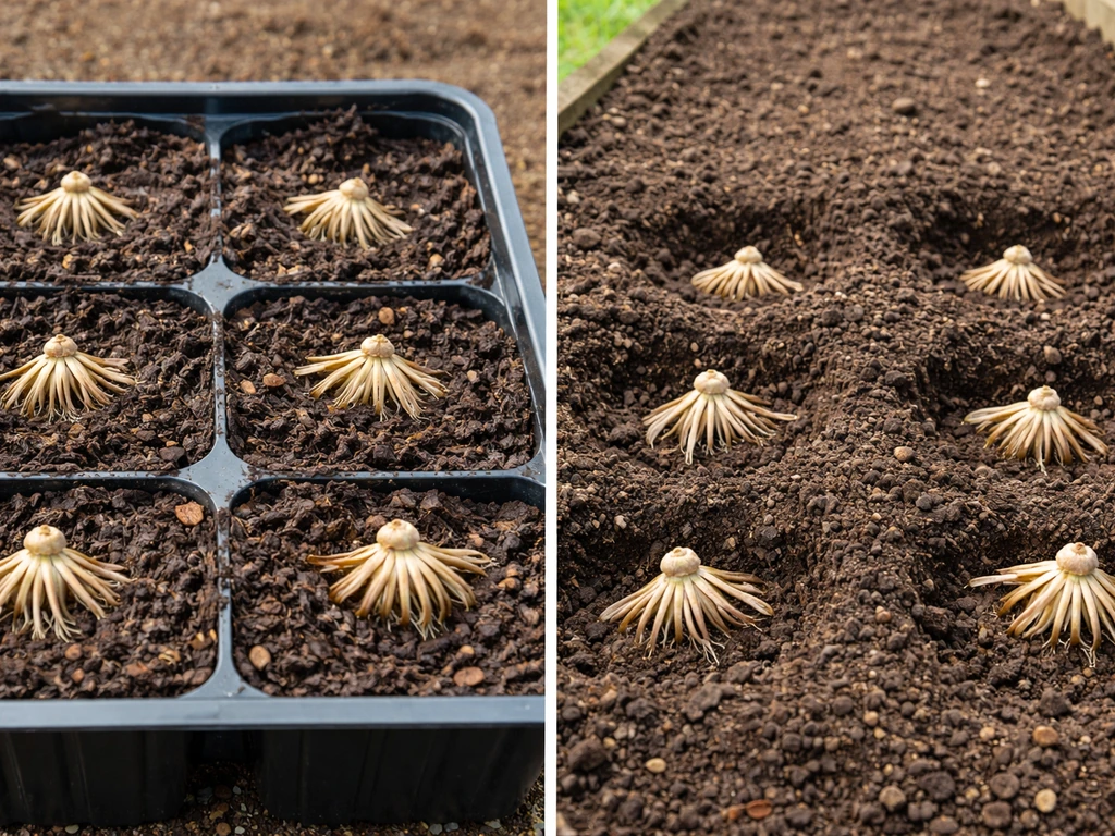Two close views: ranunculus corms planted in a container and in-ground at correct depth