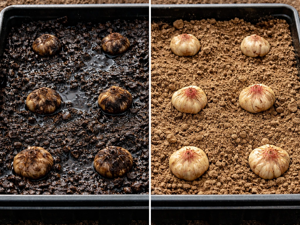 Two halves of a simple garden tray showing rotting corms in wet soil vs healthy corms in dry, loose soil.