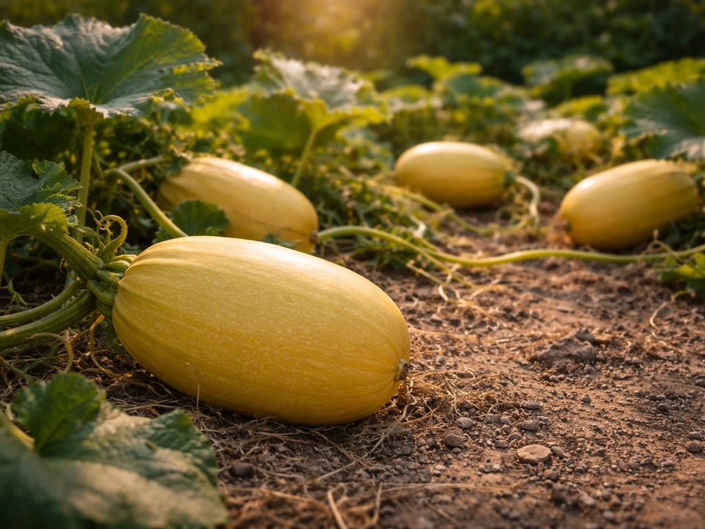 Sunlit spaghetti squash vines with golden, mature squash ready to harvest in a garden patch.