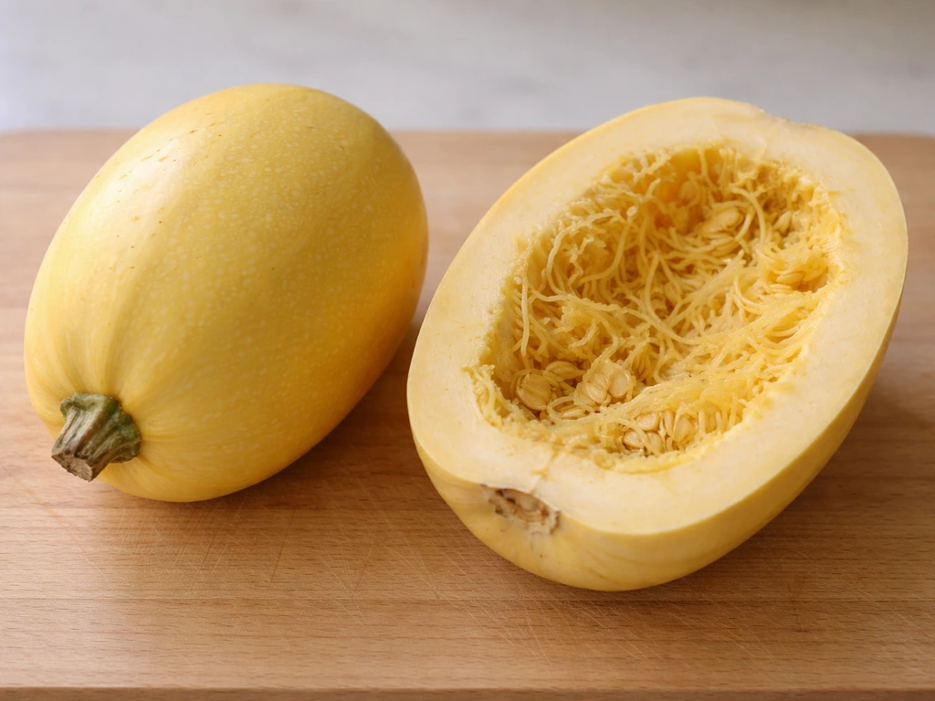 Side-by-side whole spaghetti squash and a cut-open cross-section showing pale spaghetti-like strands.