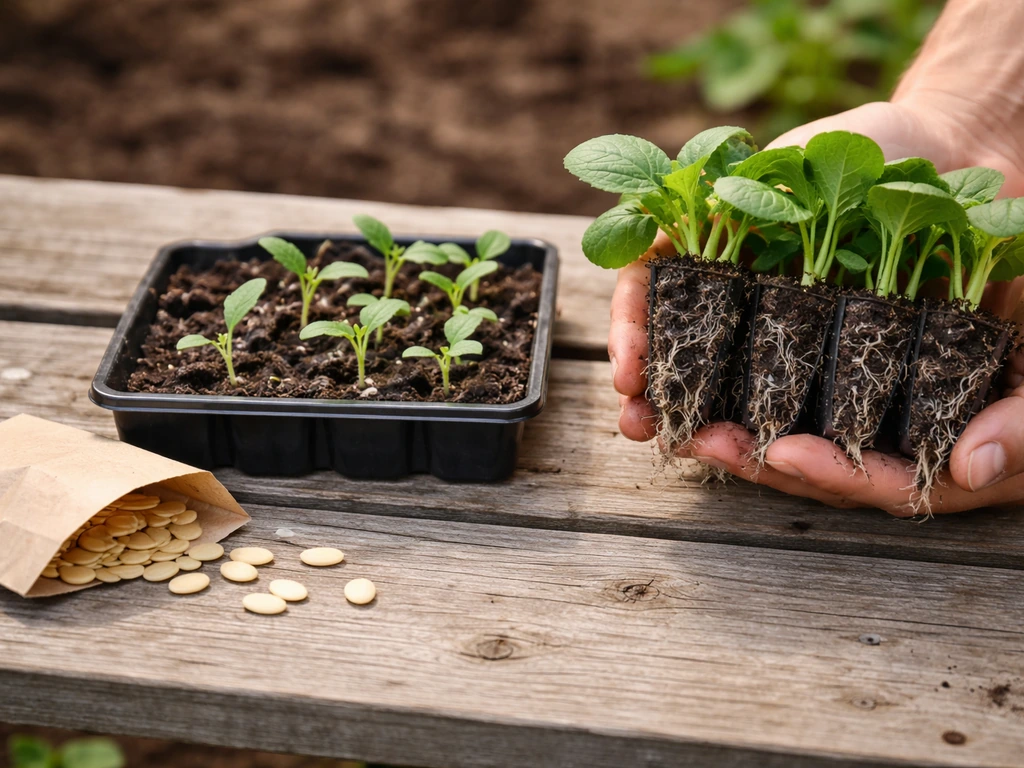 Spaghetti squash seedlings and young transplants side by side on a garden bench, held near starter cells.