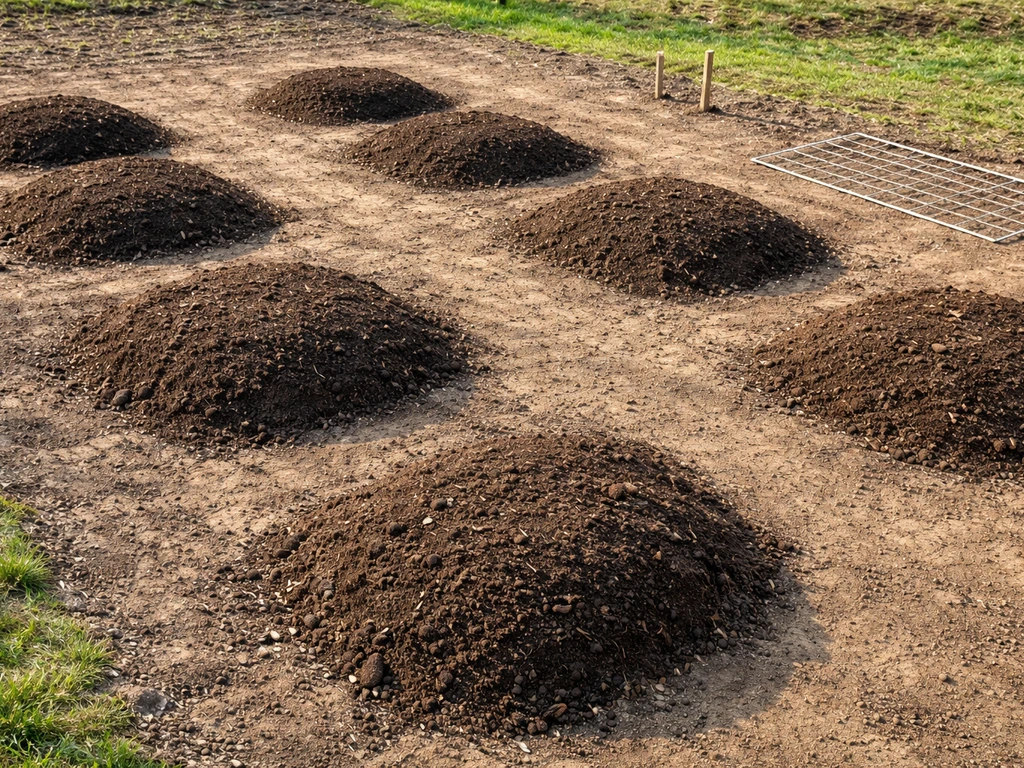 Raised soil mounds with clear spacing for spaghetti squash, bare amended soil ready for planting.