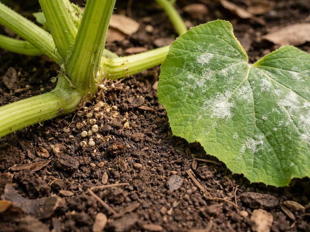 Close-up of spaghetti squash vine base with frass and eggs, plus leaf with early powdery mildew.