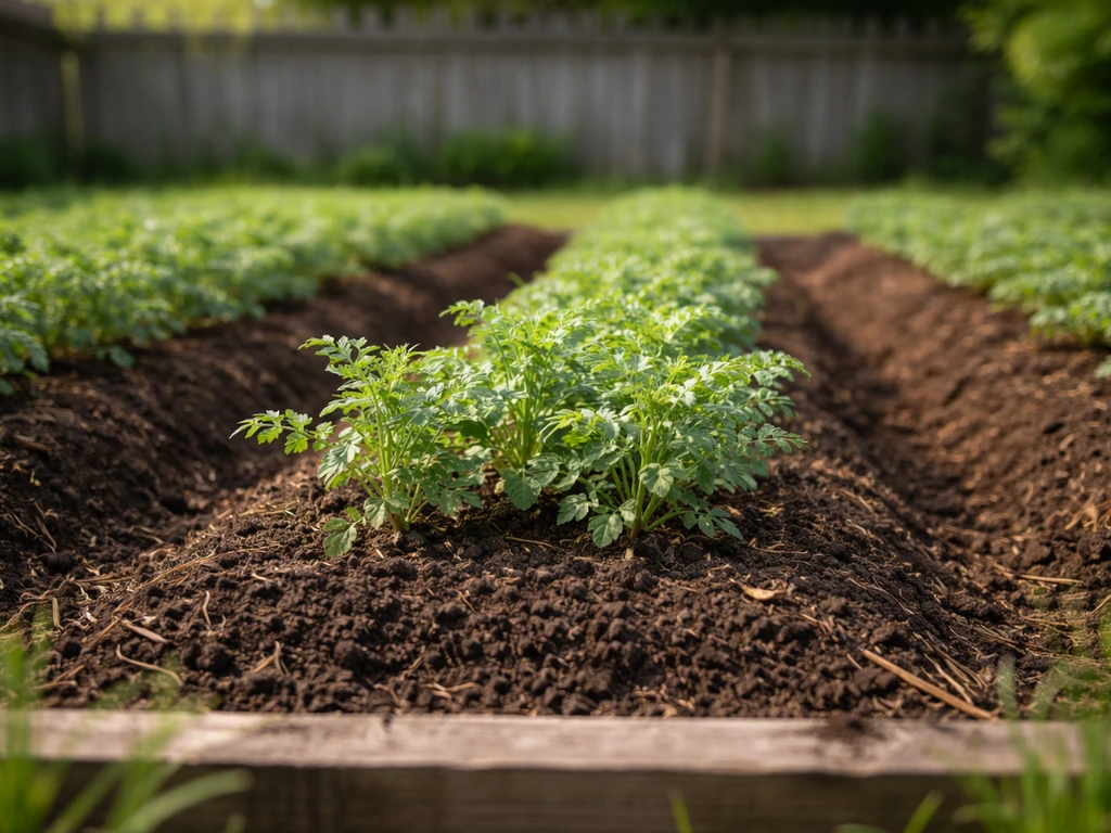 Raised garden bed in Michigan with healthy chickpea seedlings in spring sunshine