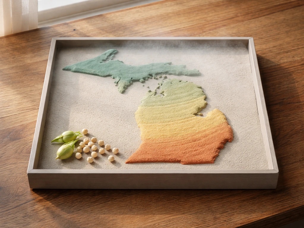 Minimal tray with a simplified Michigan outline, warmer south and frosty north, with chickpeas nearby.