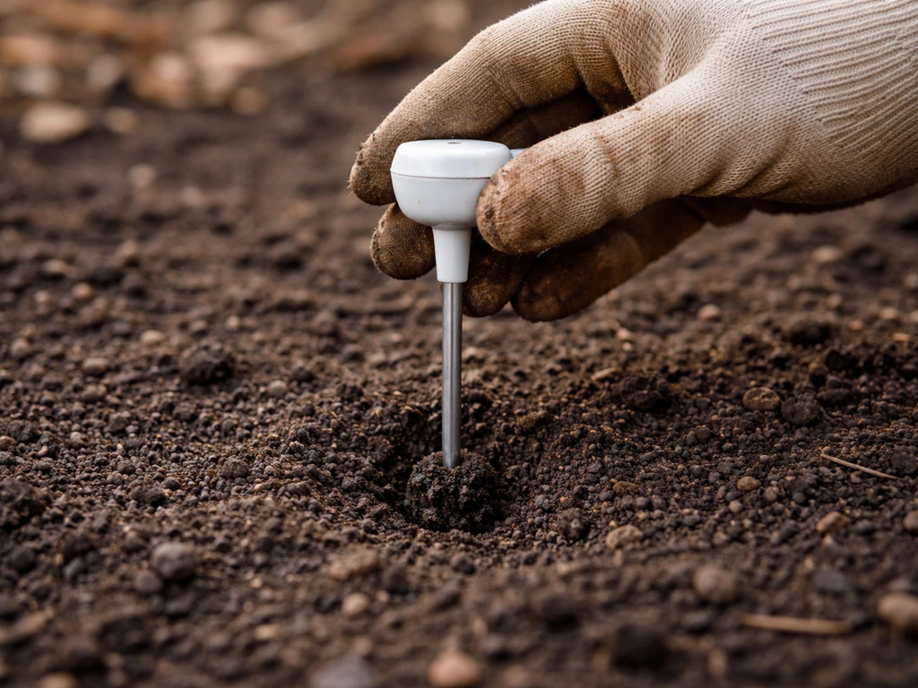 Hand inserting a soil thermometer into dark garden soil to check 2-inch depth temperature
