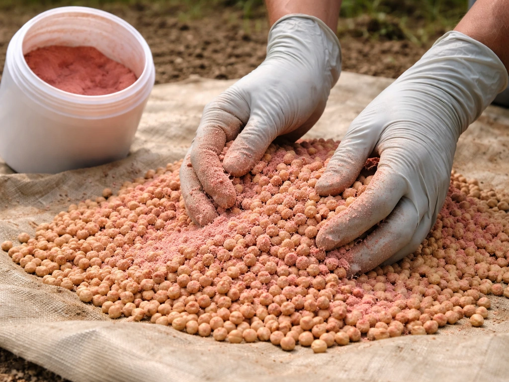 Gloved hands coating chickpea seeds with rhizobium inoculant on a clean tarp outdoors