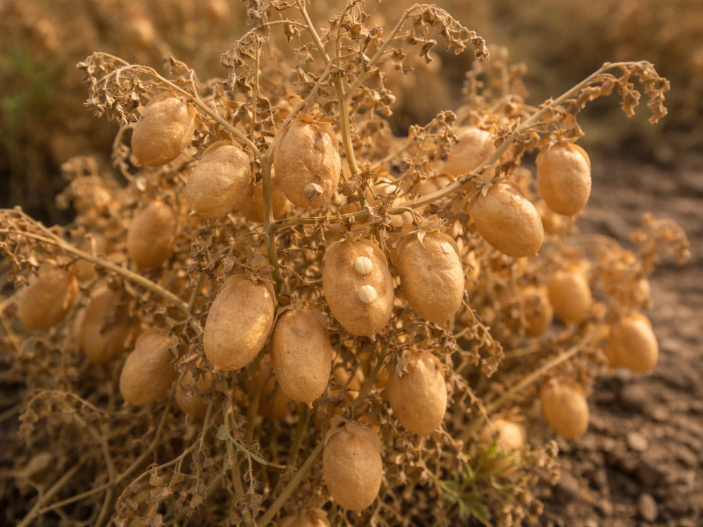 Golden-brown papery chickpea pods on dry plants, ready for drying and threshing.