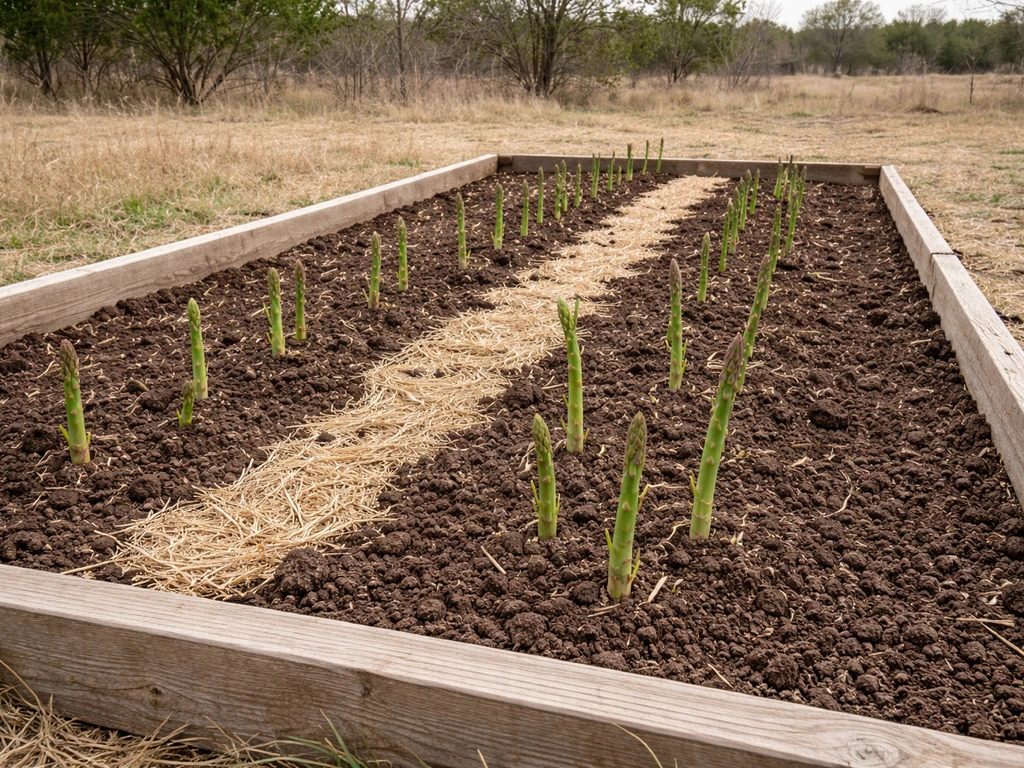 Neat rows of early-spring asparagus spears emerging in a Texas backyard garden bed