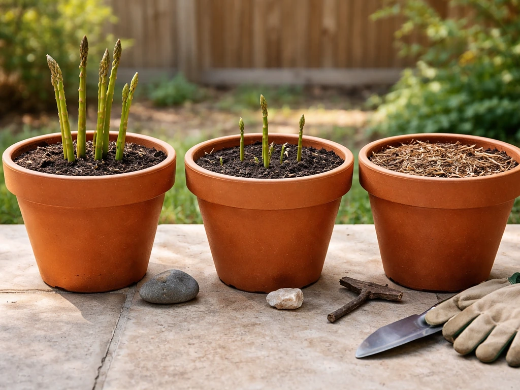 Minimal photo of Texas asparagus in soil with a subtle three-region feel using three pots labeled by color-free cues