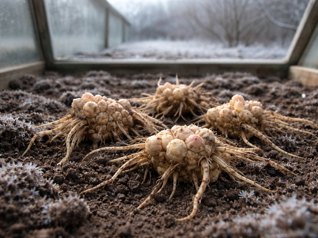 Close-up of dormant asparagus crowns resting in frosty soil in winter cold conditions.