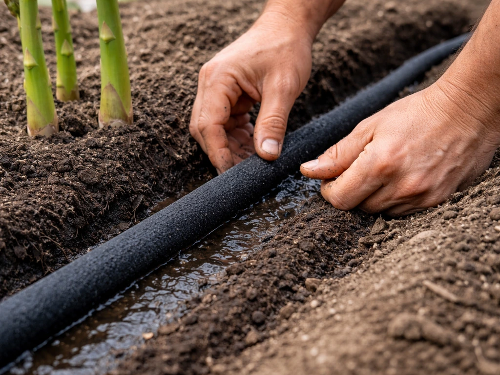 Gardening hands adjusting a soaker hose trench, damp dark soil beside asparagus spears.