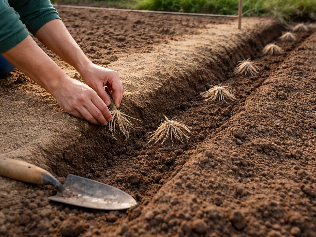 Gardener’s hands placing crown plants into a shallow furrow with spacing markers in prepared garden bed