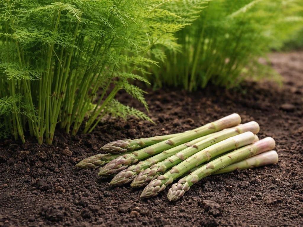 Fresh asparagus spears resting on garden soil with feathery fern fronds nearby after harvest