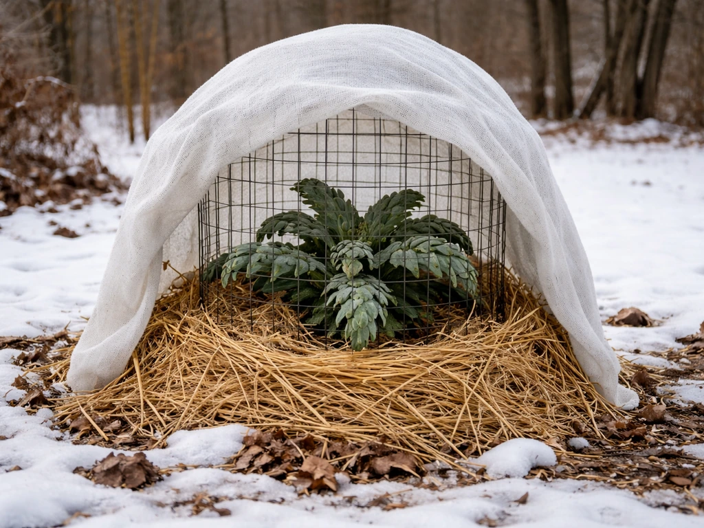 Cold-protected artichoke plant overwintering under straw mulch and a simple fabric cover in snowy Wisconsin.