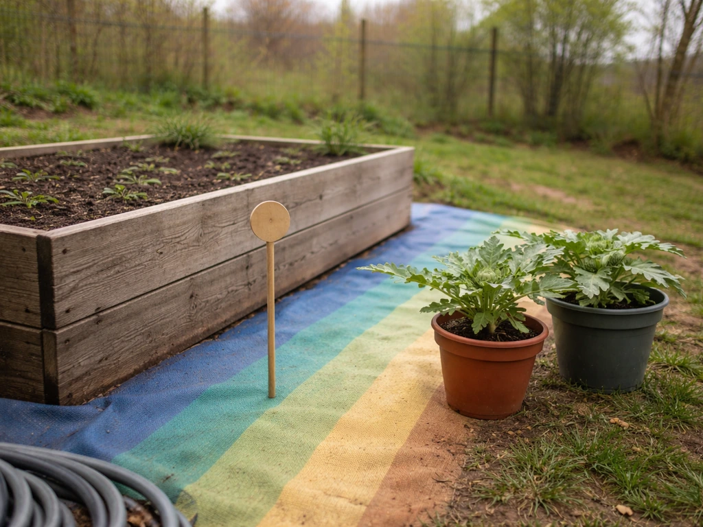Raised bed garden in Wisconsin with artichoke plants and subtle colored zone bands on the ground.