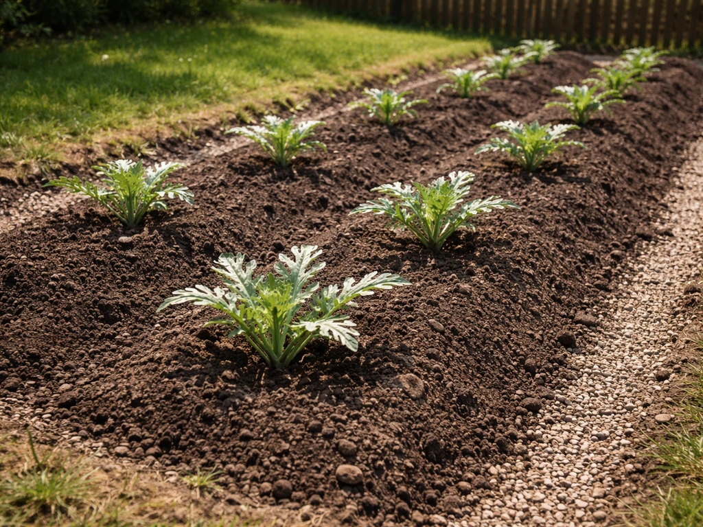 Young artichoke plants in a sunny Wisconsin garden bed with raised, well-draining soil and small stones.