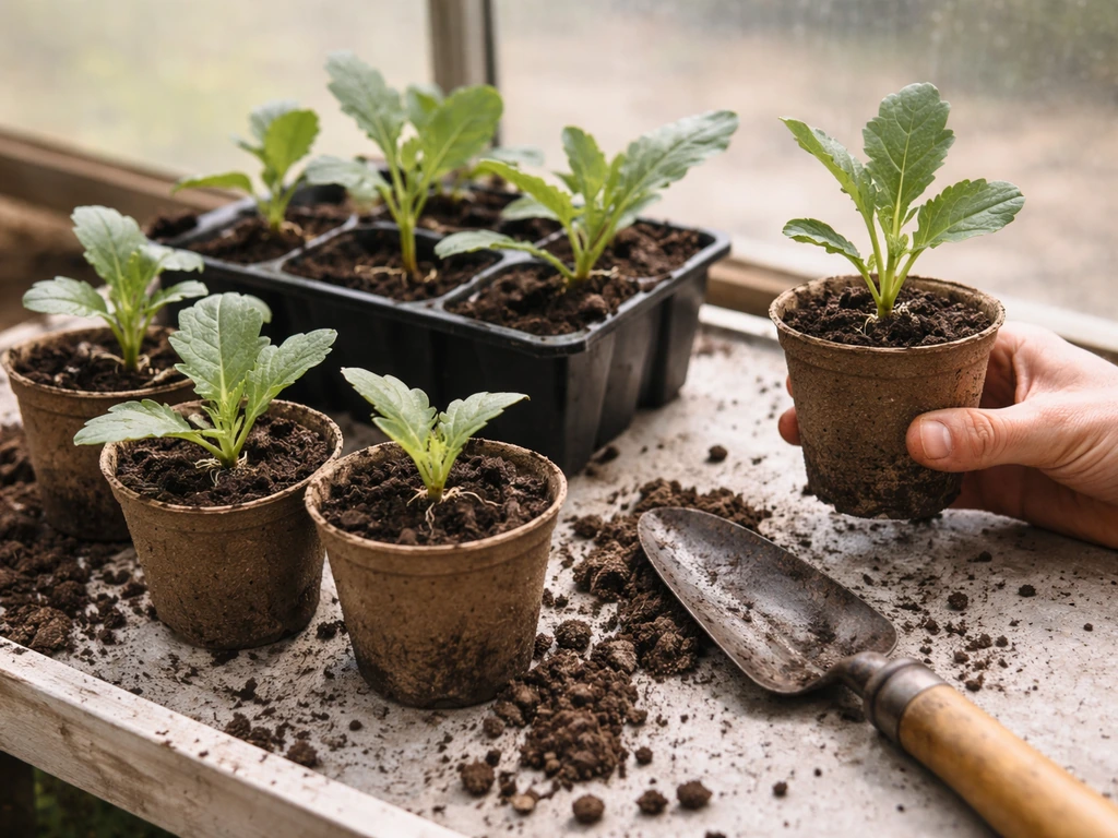 Artichoke seedlings in small containers on a bench, ready to transplant in early season.