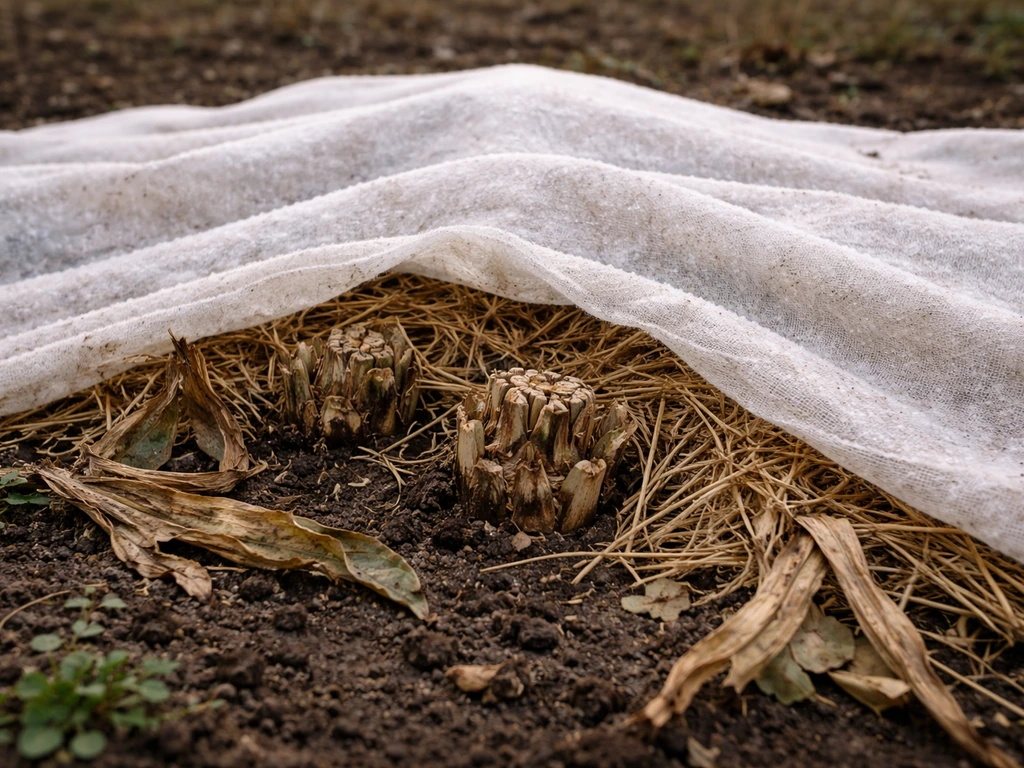 Cut-back artichoke crowns covered with dry mulch and a frost cover in a Wisconsin-style garden bed.