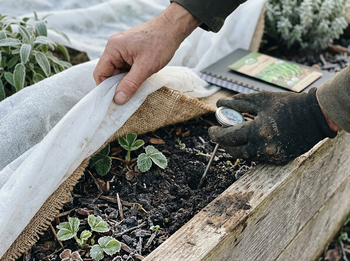 Soil temperature check near raised beds for timing planting around frost