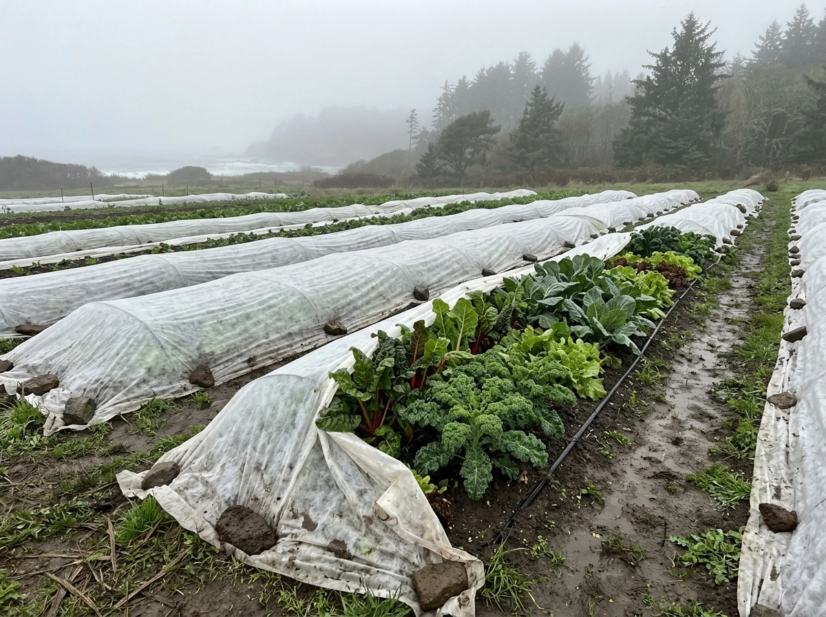 Coastal-style raised bed with row cover and cold-hardy greens