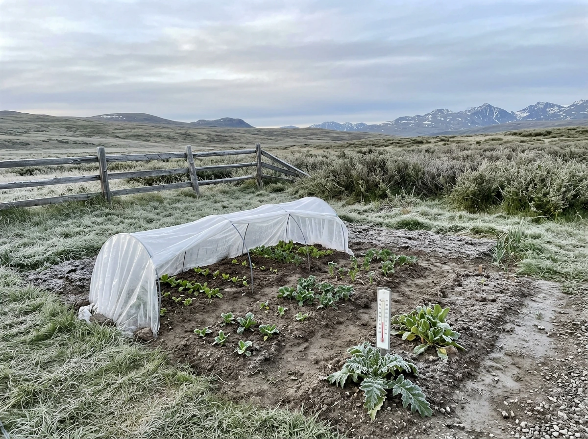 Cool-season garden at higher elevation with frost and protective hoops