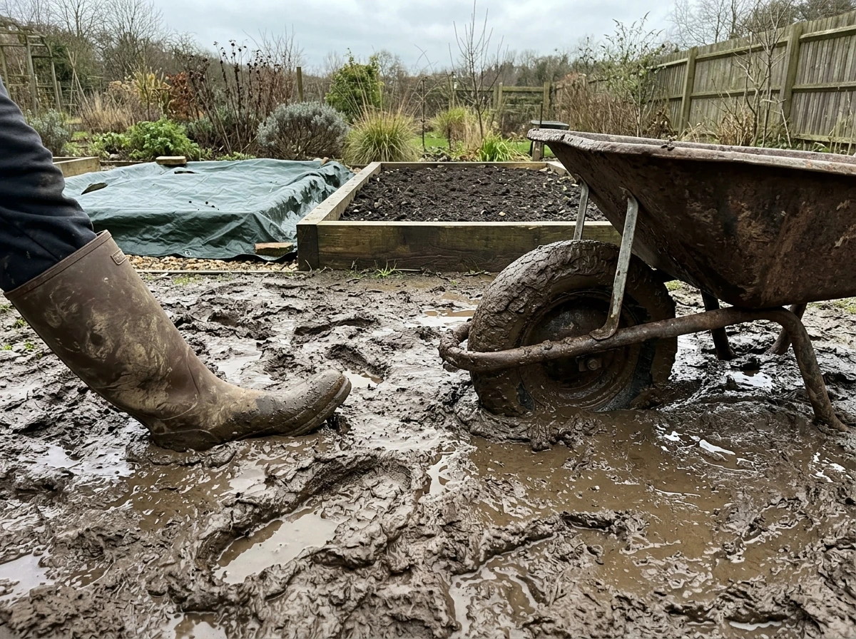 Saturated muddy clay soil with tracks showing why access is limited